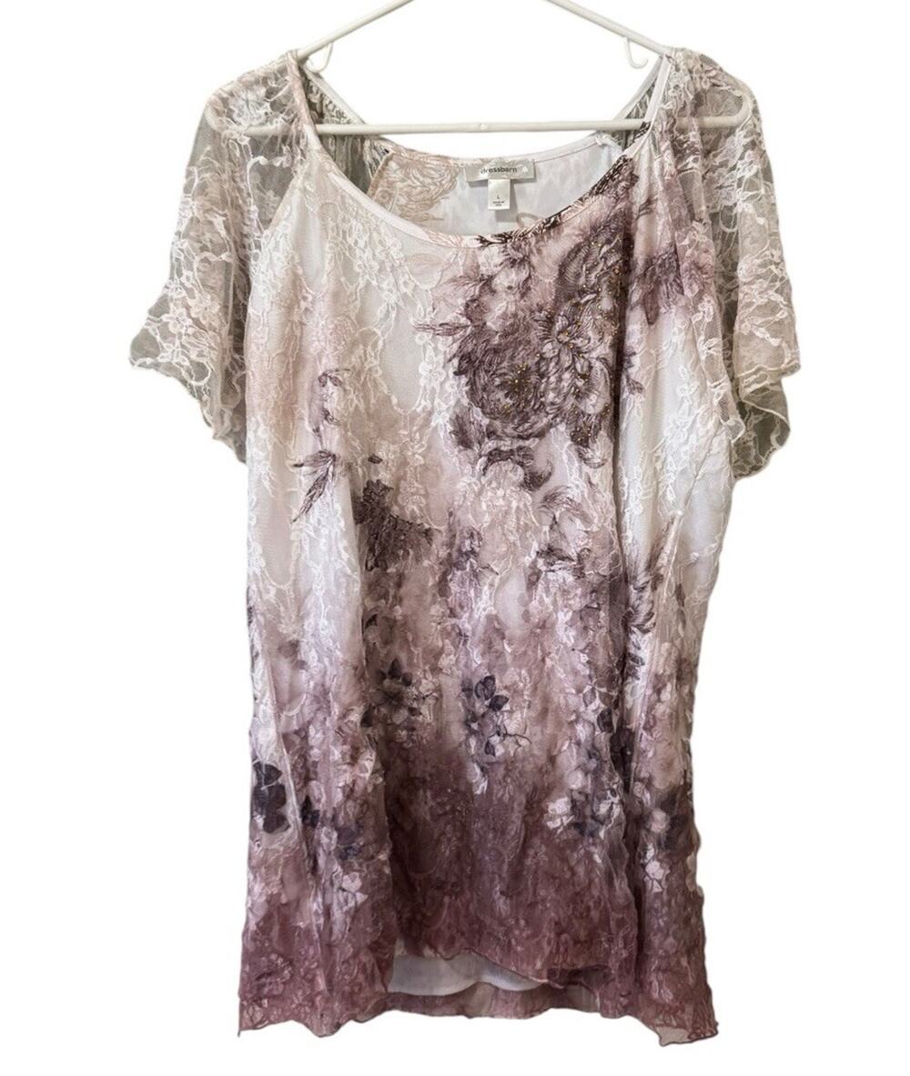 DressBarn Women Size Large Embellished Blouse Lined Lace Cottagecore Office City